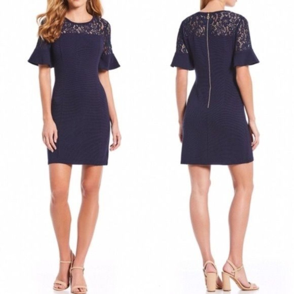 Draper James Solid Flutter Short Sleeve Lace Dress Navy Blue Nwt Small